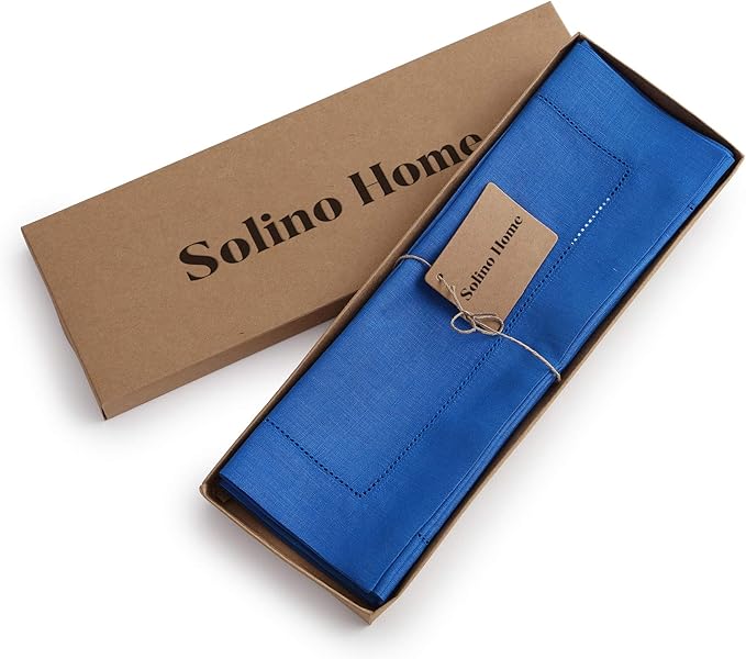 Solino Home Linen Placemats Set of 4 - Classic Hemstitch Royal Blue Placemats 14 x 19 Inch - 100% Pure Linen Table Mats for Holiday, Winter, Christmas
