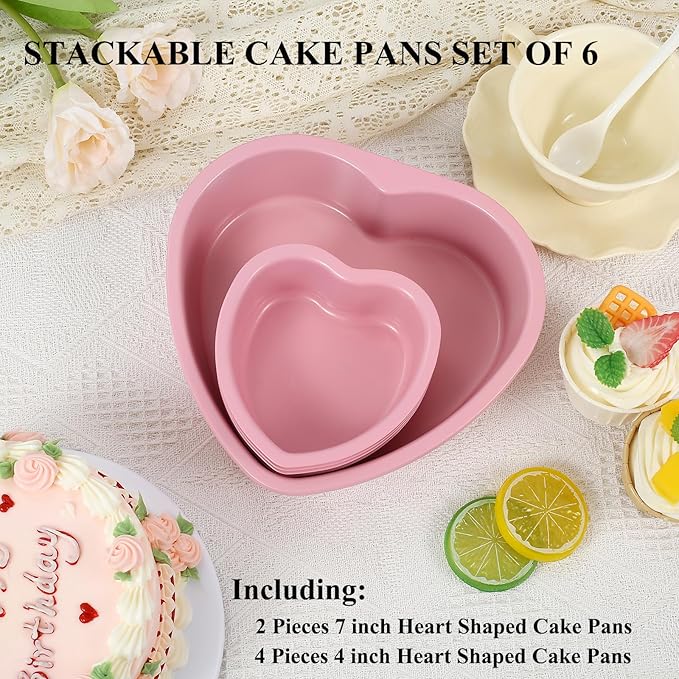 7 & 4 Inch Heart Shaped Cake Pans Set of 6, Pink Carbon Steel Baking Pans Set, Nonstick Heart Cake Mold for Baking, Small Cake Pans, Bakeware Sets for Valentine's Day Wedding
