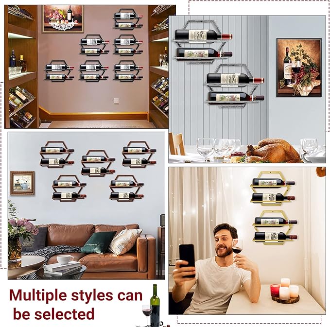 Wall Mounted Wine Bottle Rack, Black Metal Hanging Wine Display Holder Organizer, Red Wine Racks for Home Kitchen Bar Decor Storage (A)