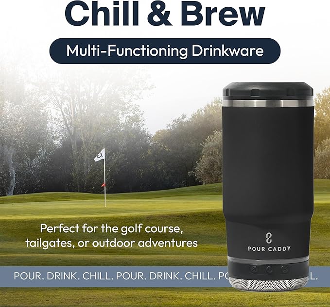 Chill & Brew, Insulated Can & Bottle Holder, Bluetooth Cup with Speaker, Fits 12 oz Cans, Skinny Cans, Most Bottles & Cold Drinks, Black