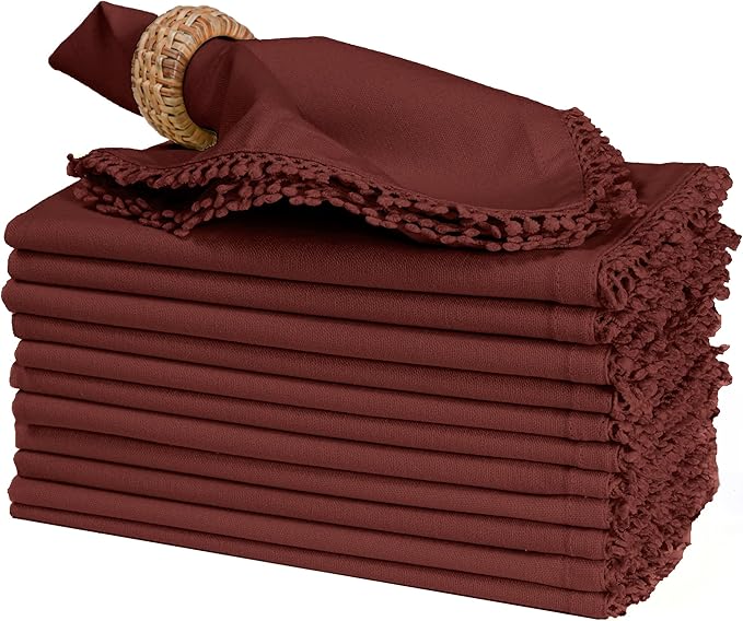 Bedding Craft Cotton Cloth Dinner Napkins Set of 12 – 18x18 Chili Oil with Decorative Lace Selvedge – Reusable Machine Washable Fabric Napkins for Weddings, Baby Showers, Parties & Table Décor