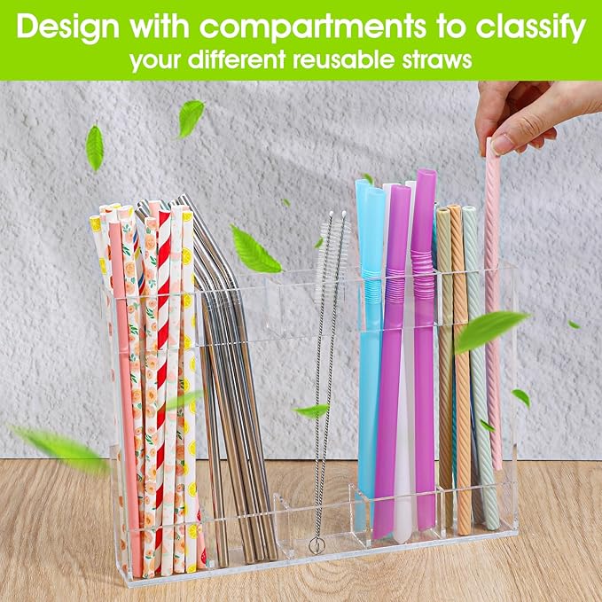 2 Pack Straw Holder for Cabinet, Acrylic Straw Organizer Cabinet Door Straw Holder with Double Sided Adhesive Tape and Stickers Straw Rack for Counter Cabinet Cupboard Kitchen (Clear)