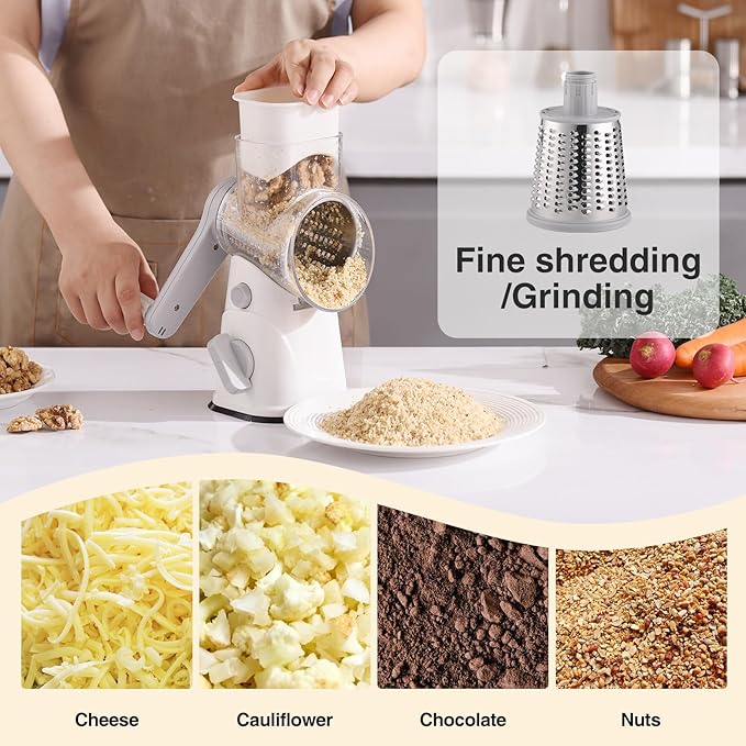 Rotary Cheese Grater Hand Crank, Kitchen Mandolin Vegetable Cheese Shredder with 3 Interchangeable Blades,Easy Clean Rotary Grater with Handle,Kitchen Grater Grinder for Cutting Cheese,Vegetable Nuts
