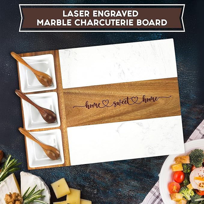 EMM Marble Cutting Board Set, Charcuterie Cheese Boards, 3 Bowls, 3 Spoons, 4 Charcuterie Utensils, Meat, Fruits, Vegetables, Housewarming, Wedding - Home Sweet Home