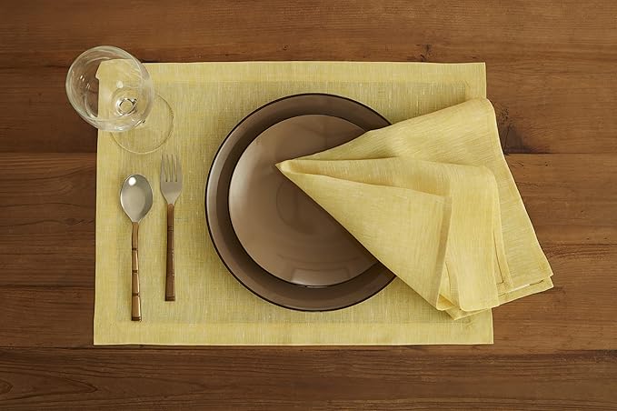 Solino Home Linen Placemats Set of 4-100% Pure Linen Chambray Lemon Yellow Cloth Placemats 14 x 19 Inch - Athena