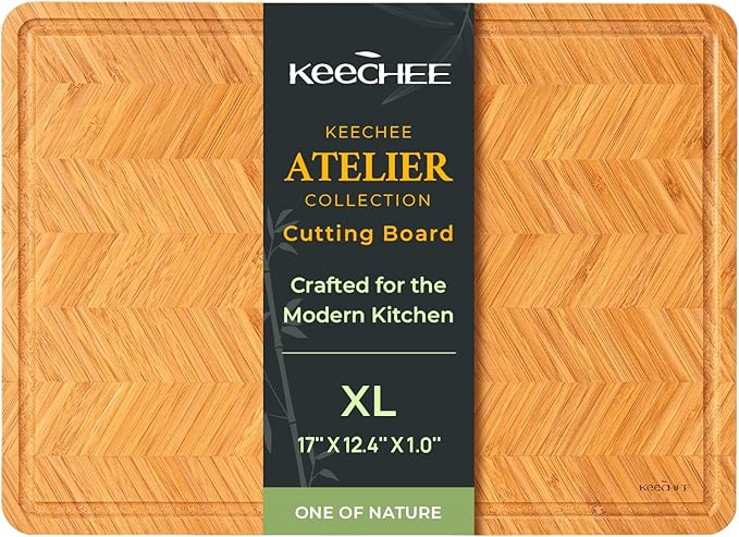 Atelier Collection Bamboo Cutting Board, Reversible Boards for Kitchen with Deep Juice Grooves and Handles, Large Wood Chopping Board for Cooking and Serving, Handcrafted Luxury Cutting Board
