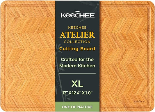 Atelier Collection Bamboo Cutting Board, Reversible Boards for Kitchen with Deep Juice Grooves and Handles, Large Wood Chopping Board for Cooking and Serving, Handcrafted Luxury Cutting Board