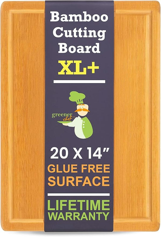 20 Inch Bamboo Wood Cutting Board Featuring Super-Sized Glue-Free Surface™ – Heavy Duty Butcher Block for Safe Meal Prep, Chopping & Carving with Lifetime Replacements - Rectangle