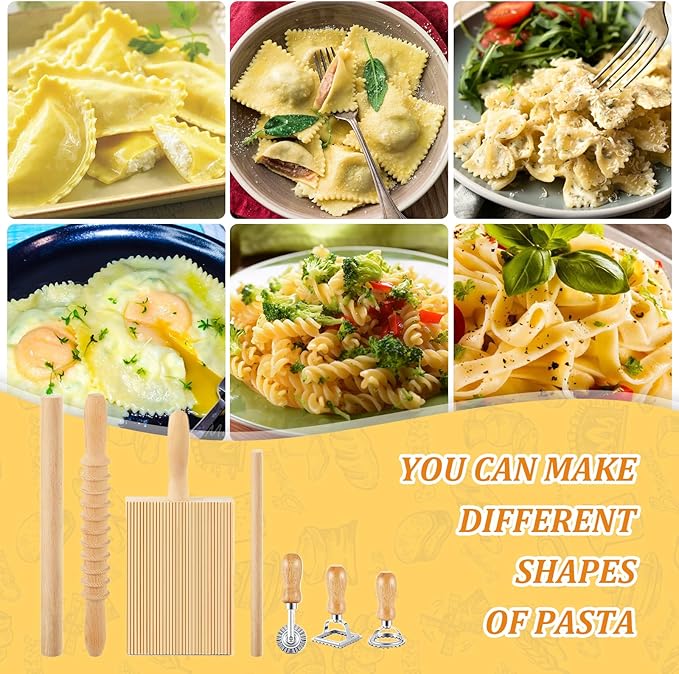7 Pcs Wooden Pasta Maker Set, Gnocchi Board, Ravioli Stamp, Rolling Pin Kit with Pasta Cutter Wheel Tools for Homemade Gnocchi, Ravioli, Lasagna, Pierogi