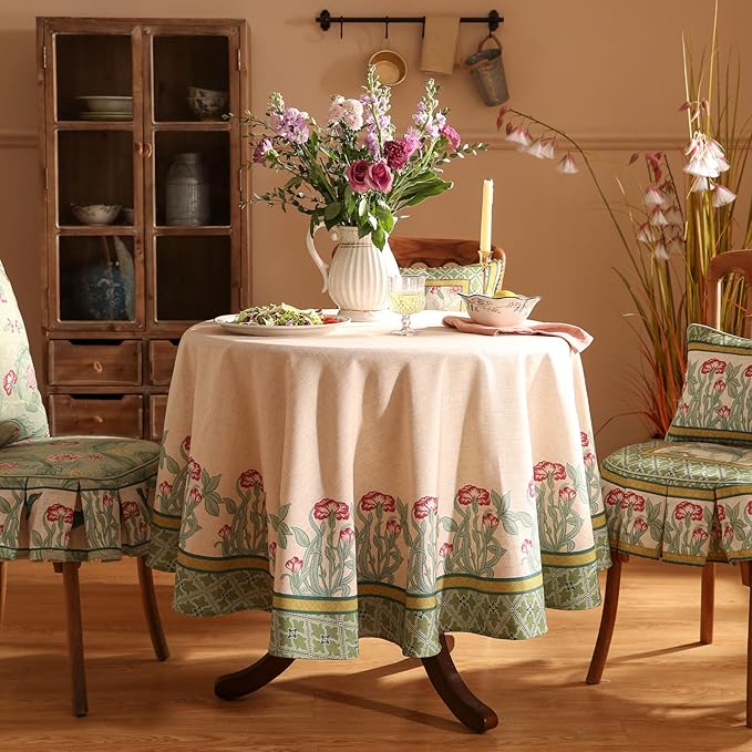 patdrea Designer Green Tablecloth for Round Tables,Vintage Linen with Leaves and Flowers Pattern Tablecloths,Farmhouse Floral Table Cover Cloth Decor for Kitchen Dining Christmas,Diameter 67"