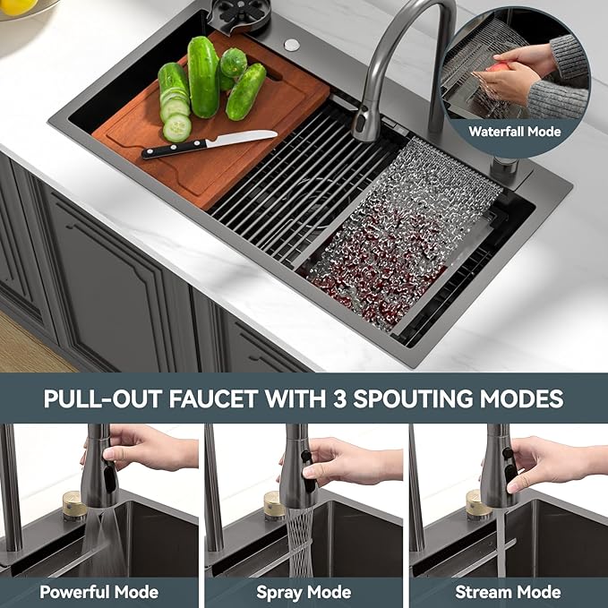 Lordear 33 Inch Black Smart Waterfall Drop In Kitchen Sink With Faucet 33x19 Inch Worktation Topmount Sink 16 Gauge Stainless Steel Single Bowl Ledge Kitchen Sinks Handmade