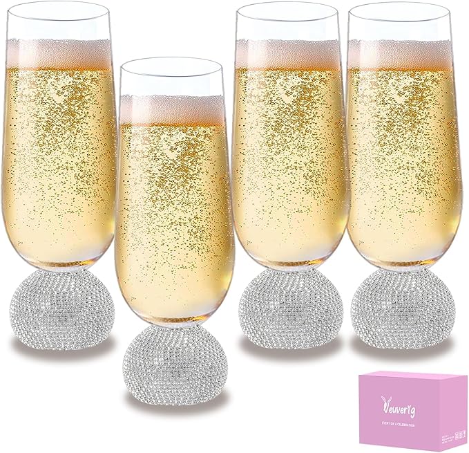 Champagne Flutes set of 4,Stemless Wedding Champagne Glasses,Unbreakable Crystal Fancy Mimosa Glasses,10 Oz Short Handle Champagne Flutes,for Engagement,Bachelorette Party,Birthday(Silver Clear)