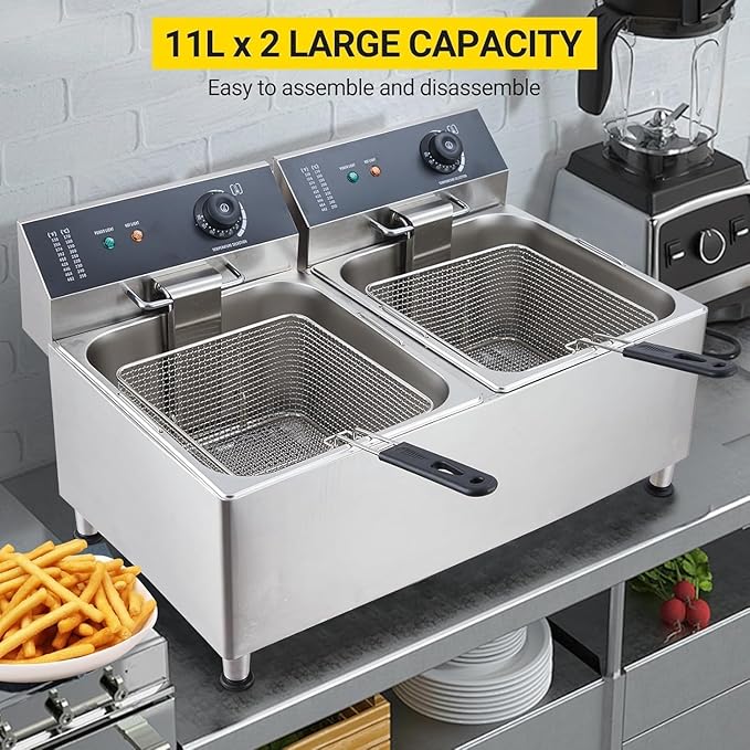 Commercial-Dual 11L/3.3Gal Deep Fryer | 3400W High Power & 304 Stainless Steel | Adjustable Thermostat, with 2 Extra-Thicker Reinforced 6LB Baskets & Splash Guard for Food Trucks, Restaurants, Home K