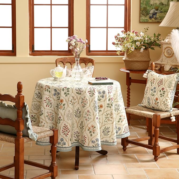 Floral Tablecloth for Round Tables,Linen Table Cloth with Colorful Flowers Pattern,Heavy Durable Table Cover for Dining Thanksgiving Kitchen Decor Party Christmas,Diameter 55"