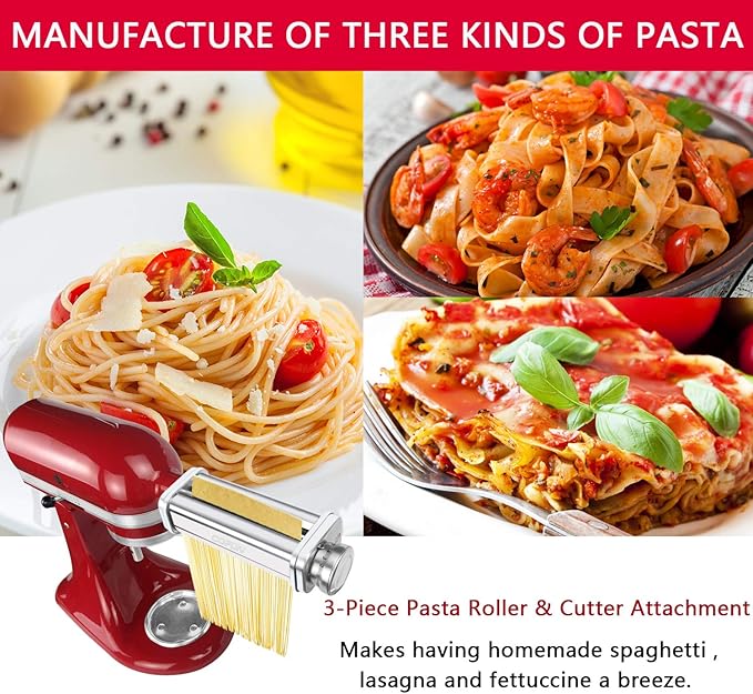 Pasta Attachment for KitchenAid Stand Mixer, 3 Piece Pasta Making Kit Including Pasta Roller, Cutter for Authentic Spaghetti and Fettuccine Sheets, Durable Noodle Accessories by Cofun