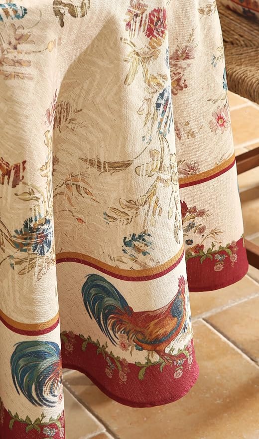 patdrea Designer Red Tablecloth for Round Tables,Vintage Linen with Animals and Flowers Pattern Tablecloths,Farmhouse Floral Table Cover Cloth Decor for Kitchen Dining Christmas,Diameter 55"