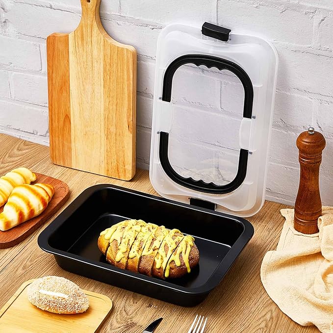 1 Pcs Cake Baking Pan with Lid and Handle, 9 x 13 Inch Non-stick Rectangle Sheet Cake Pan Carrier for Brownie Roasting Cooking Baking (Black Gray)