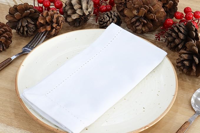 PurpleEssences Set of 6 Hemstitch Cloth Dinner Napkins 100% Cotton - Soft Durable Washable - Ideal for Wedding Christmas Holiday Winter - Perfect Everyday Use Table Linen 18x18 - White