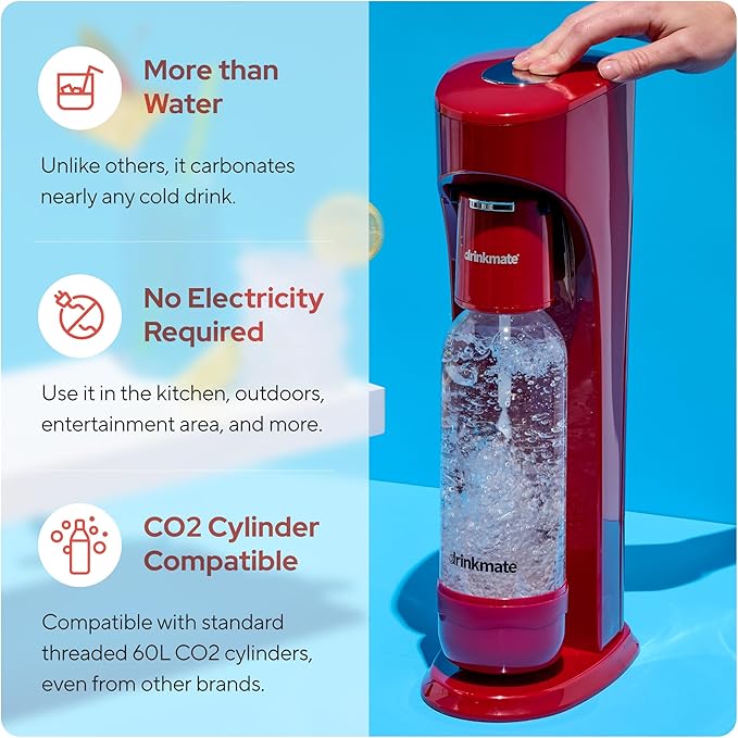 Drinkmate OmniFizz Sparkling Water and Soda Maker, Carbonates Any Drink, ULTIMATE BUNDLE - Includes three 60L CO2 Cylinders, Two Carbonation Bottles, and Fizz Infuser (Royal Red)