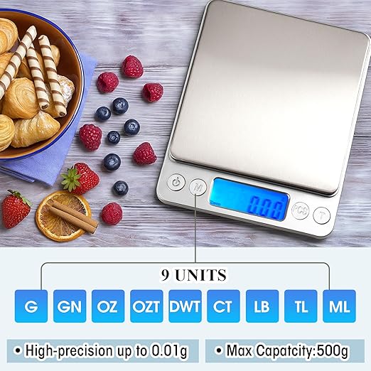 2 Pack Digital Gram Scale 500g/0.01g, Portable Jewelry Food Scale with 20g Calibration Weight Accessories, Tweezers, LCD Display High Precision Kitchen Multifunctional Stainless Steel