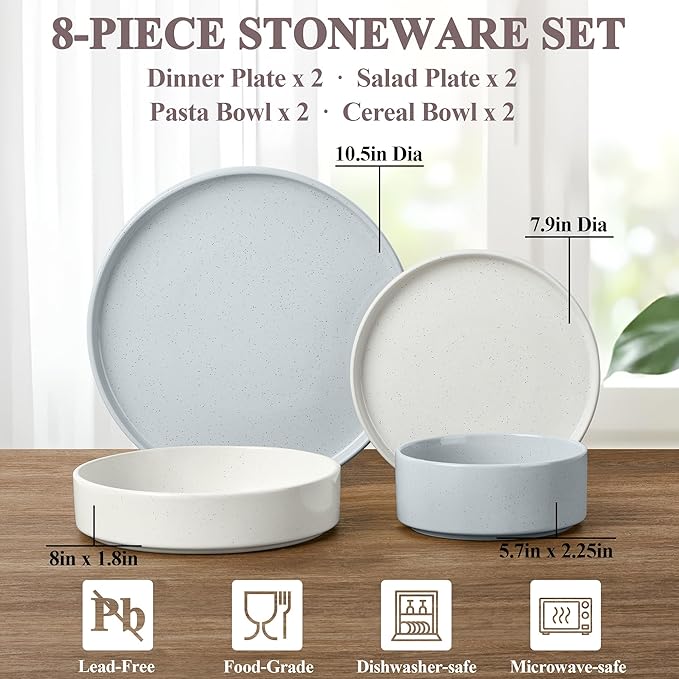 Herogo Dinnerware Dishes Sets with Salad Bowls, 8 Piece Plates and Bowls for 2, Ceramic Stoneware for Kitchen, Dishwasher & Microwave Safe Dinner Ware, Speckled Multicolor