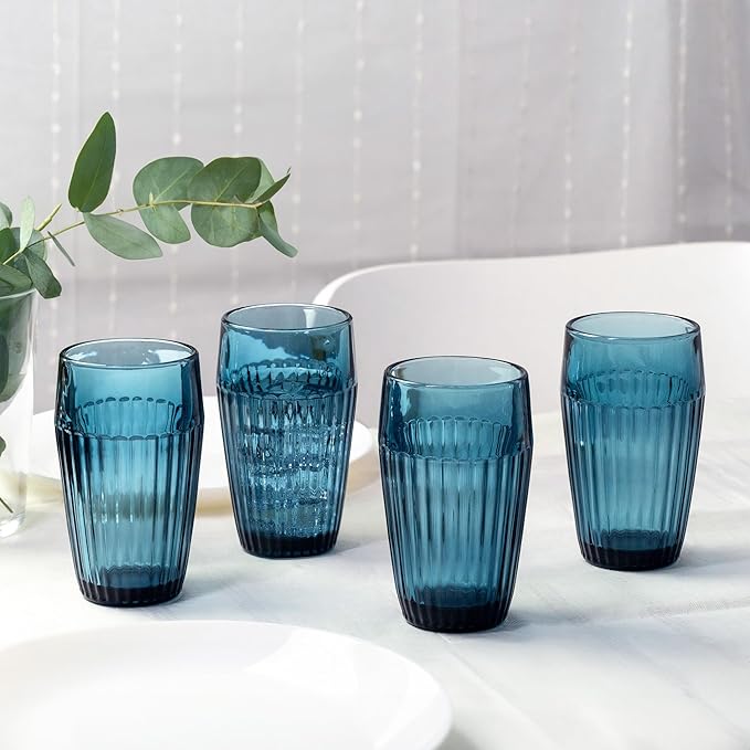 Blue Drinking Glasses Set Of 4-14 oz Vintage Aesthetic Colored Water Tumblers, Thick Glass Heavy Duty Ribbed Glassware, Retro Drinkware Home Bar Cocktail Cups, Kitchen Drink Cup Gift Sets