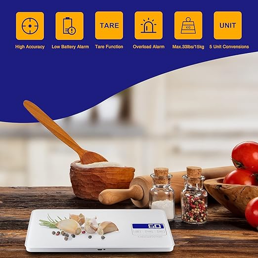 Digital Kitchen Scale K28H – Ultra-Slim Design, Precise 1g–15kg Measurement, 5 Units, Tare Function, Backlit Display, for Baking, Cooking & Meal Prep