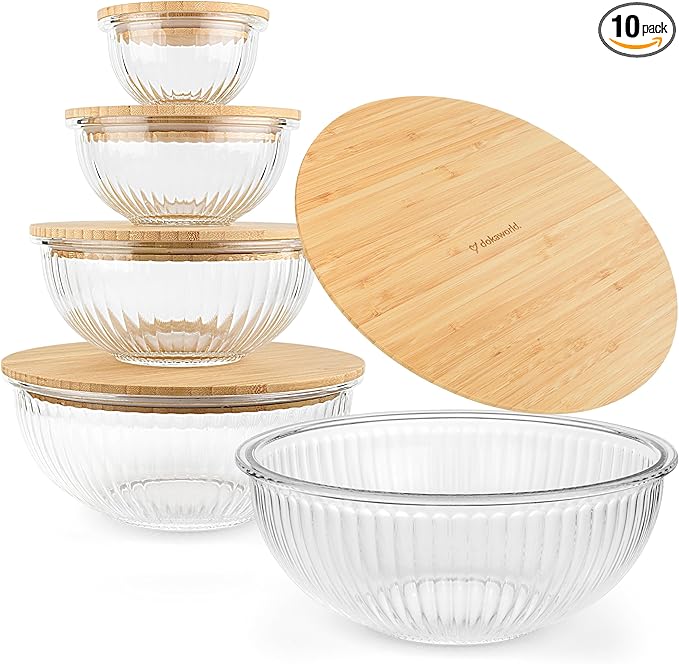 Stackable Space-Saving Set of 5 Nesting Glass Bowls with Bamboo Lids for Foodprep, Storage, Baking, Mixing & Cooking, Microwave & Oven Safe BPA Free Heat Resistant Inert Borosilicate Glass
