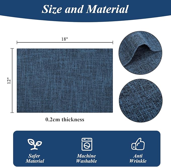 SHACOS Cloth Fabric Placemats Set of 4 Washable Non Slip Heat Resistant Table Mats Double Layer Reversible Place Mats Stain Resistant Indoor Outdoor, Dark Blue