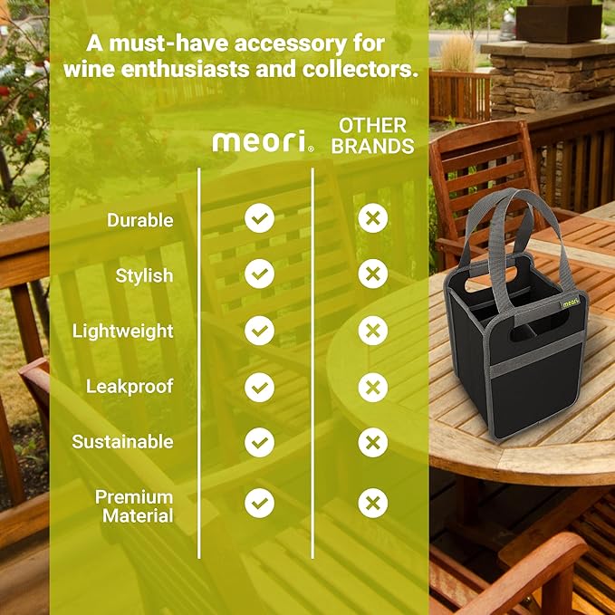 meori Foldable 4 Bottle Wine Tote Lava Black Organize Crate Glass Dividers Stylish Travel Storage Box Liquor Spirits Tastings Grocery Shopping Hostess Gift (A100813)