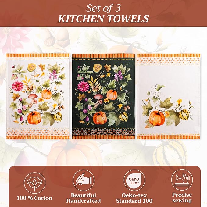 Maison d' Hermine Kitchen Towels Set of 3 100% Cotton 20" x 27.5" Reusable Cloth Tea Dish Towels Absorbent with Hanging Loop for Thanksgiving Christmas Decorations (Pumpkin Garden - Cloudy Cream)