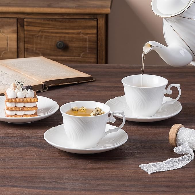 Tea Cups Set Of 4, Tea Cup And Saucer Set,6oz for Tea,Coffee, Latte, Cafe Mocha, Porcelain Tea Party Set (Pure white set of 4)