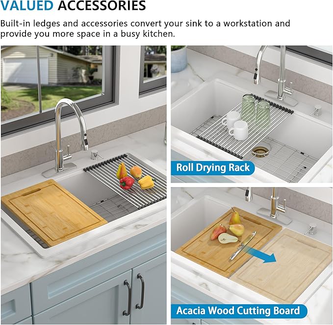 33"x22" Granite Composite Kitchen Sink Drop In – White Quartz Classic Ledge Workstation Topmount Single Bowl Sink Basin