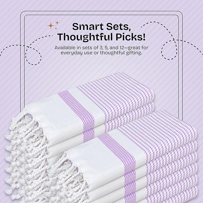 Lavender Turkish Kitchen Towels 16x26 Inch, 5 Pack, 100% Cotton, Ultra Absorbent, Soft, Fast Dry, Machine Washable, Dish Towel with Tassels for Drying Dishes, Cleaning, Everyday Use