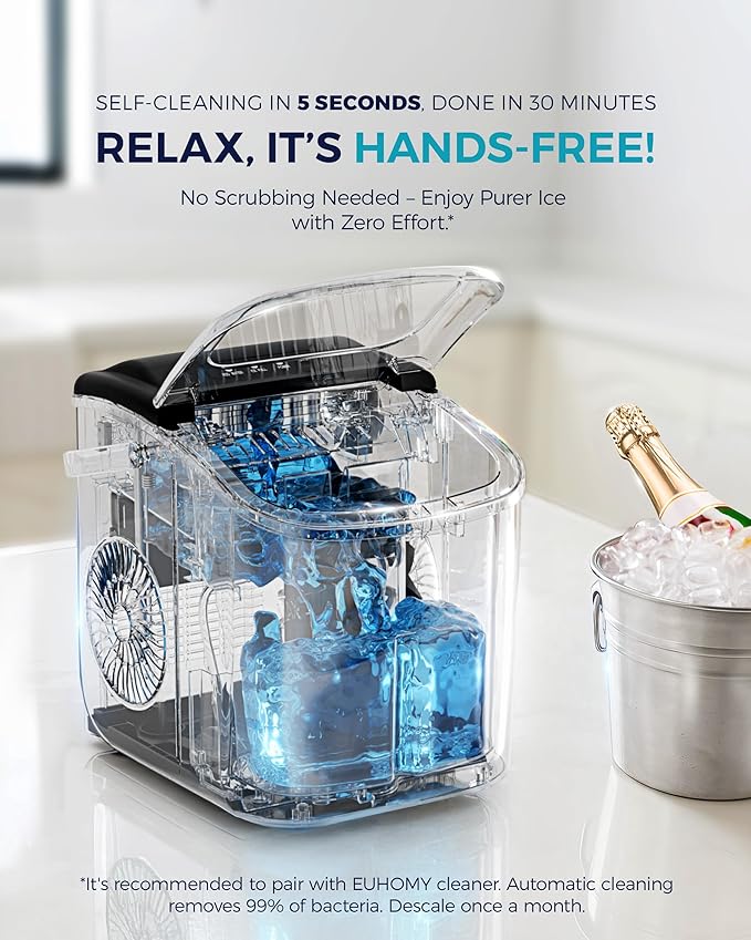 EUHOMY Countertop Ice Maker Machine with Handle, 26lbs in 24Hrs, 9 Ice Cubes Ready in 6 Mins, Auto-Cleaning Portable Ice Maker with Basket and Scoop, for Home/Kitchen/Camping/RV. (Black)