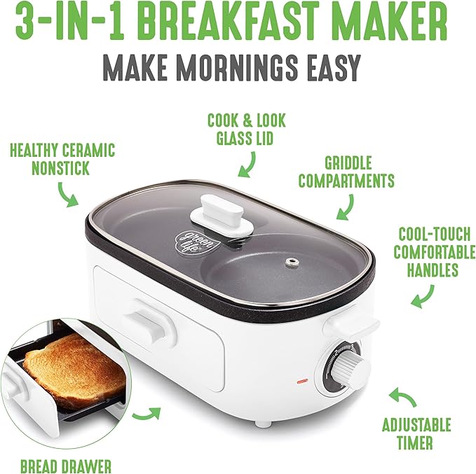 GreenLife 3-in-1 Breakfast Maker Station, Healthy Ceramic Nonstick Dual Griddles for Eggs Meat Sausage Bacon Pancakes and Breakfast Sandwiches, 2 Slice Toast Drawer, Easy-to-use Timer, White