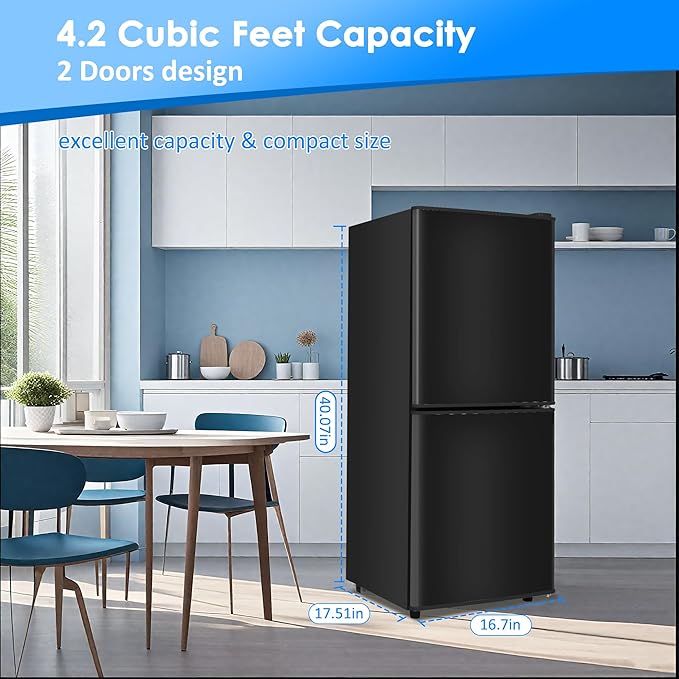 Compact Refrigerator with Freezer 4.2 Cu. Ft. 2-Door Dorm Fridge with Adjustable 7-Level Thermostat, Small Refrigerator with Freezer for Home, RV, College Dorm, Apartment, Office, Black