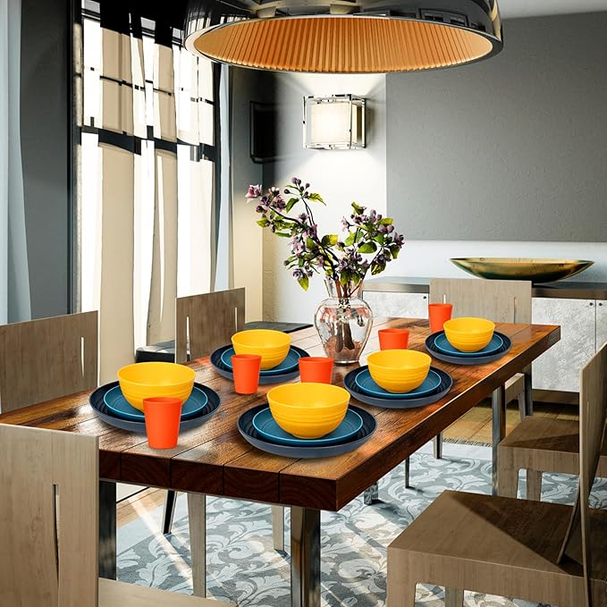 Supernal 32pcs Wheat Straw Dinnerware Sets,Plastic Plates and Bowls Sets for 8 Unbreakable Plates and Bowls Sets Dishwasher Safe Microwave Safe Fun Colors Perfect for Cooking Family Camping Picnics