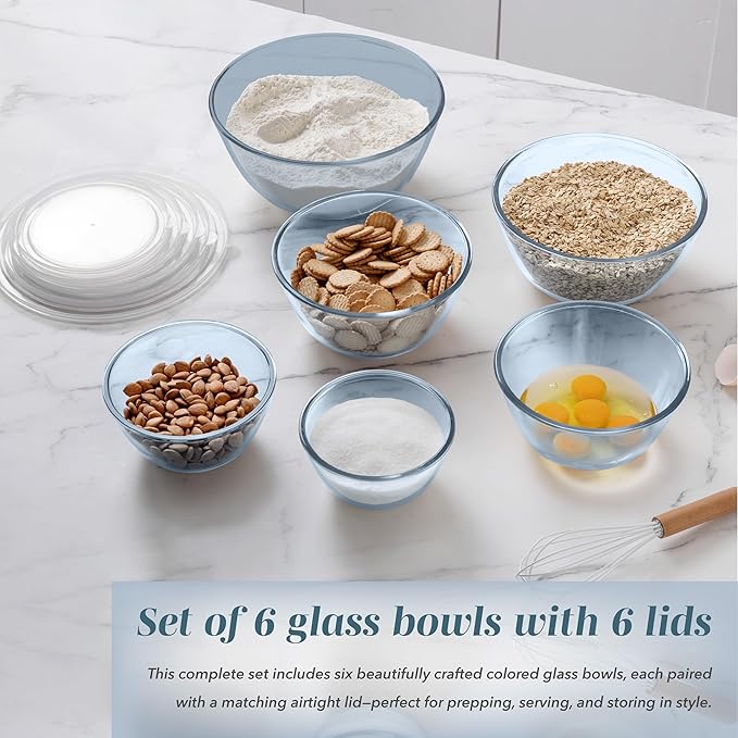 COOK WITH COLOR 12 Pc Glass Mixing Bowl Set with Lids – Borosilicate Glass Nesting Bowls for Cooking, Baking and Meal Prep, Colored Blue