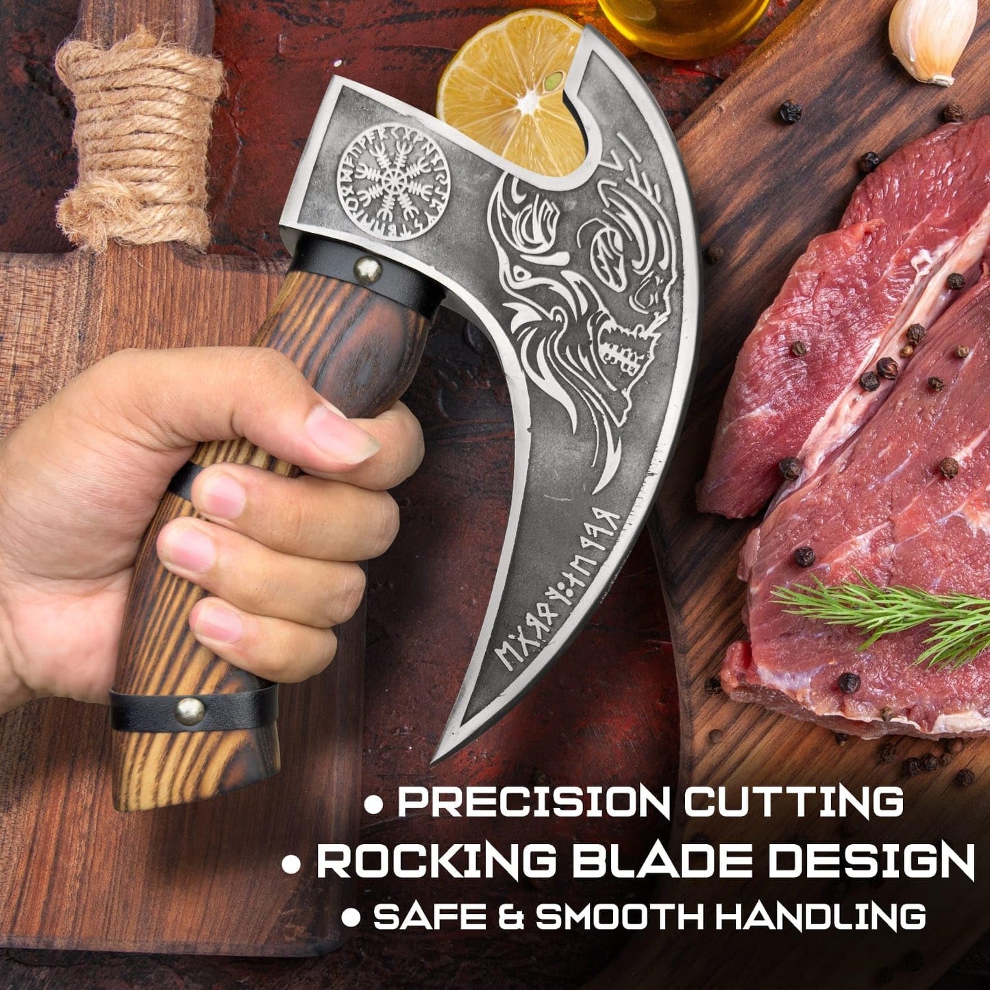 Viking Style Pizza Cutter Handmade Ulu Rocker Knife with Engraved Blade Durable Wooden Handle with Leather Grip Includes Leather Sheath