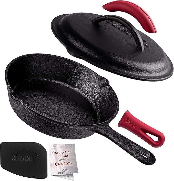 Cuisinel Cast Iron Skillet with Lid - 8"-inch Pre-Seasoned Covered Frying Pan Set + Silicone Handle and Lid Holders + Scraper/Cleaner - Indoor/Outdoor, Oven, Camping Fire, Grill Safe Kitchen Cookware