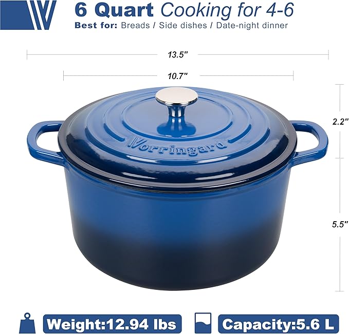 Enameled Cast Iron Dutch Oven Pot with Lid, for Sourdough Bread Baking, Round Dutch Ovens, 6 Quart, Blue