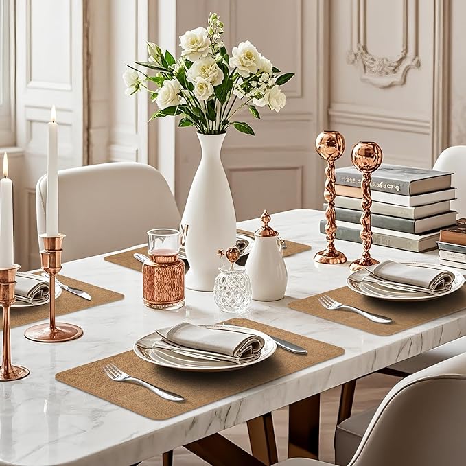 Vinly Placemats Set of 6 - Waterproof Wipeable Faux Leather Table Place Mats Heat Resistant Anti Slip Table Mats for Dining, Indoor, Outdoor, 15.8" x 11.8" (Light Brown)