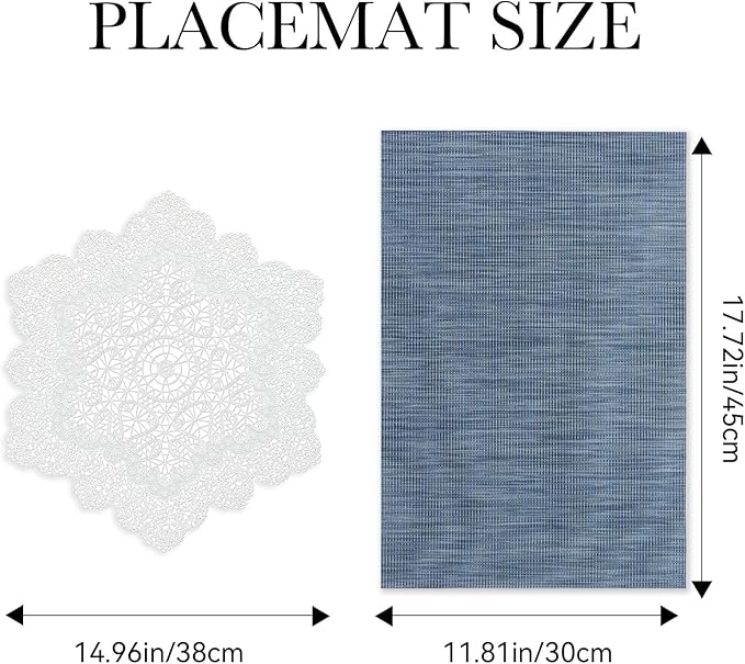 BACKTOEDEN Placemats Set of 6 Heat Resistant Washable Wipeable Placemat Woven Non-Slip Foldable Vinyl/Plastic Place Mats Indoor/Outdoor Mat Kitchen Dining Table Pad, White Snowflake & Blue