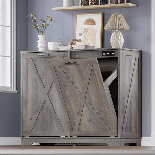 Tilt Out Trash Can Cabinet for 2 Bins, Hidden Recycle Garbage Bin Enclosure, Wooden Double Laundry Cabinet with Odor Control, Negative Ion & Ozone, for Kitchen, Bathroom, Laundry Room