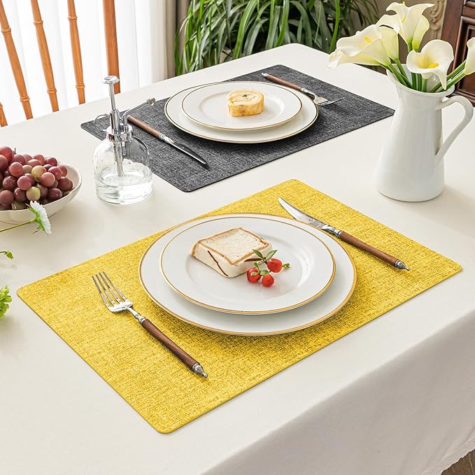 Romanstile Reversible Vinyl Placemats Set of 4, Faux Leather 100% Waterproof Oil-Proof Wipeable Place Mats, Heat Resistant Dual Sided Table Mats for Kitchen/Dining/Party (Grey Yellow, 12 x 17 Inch)