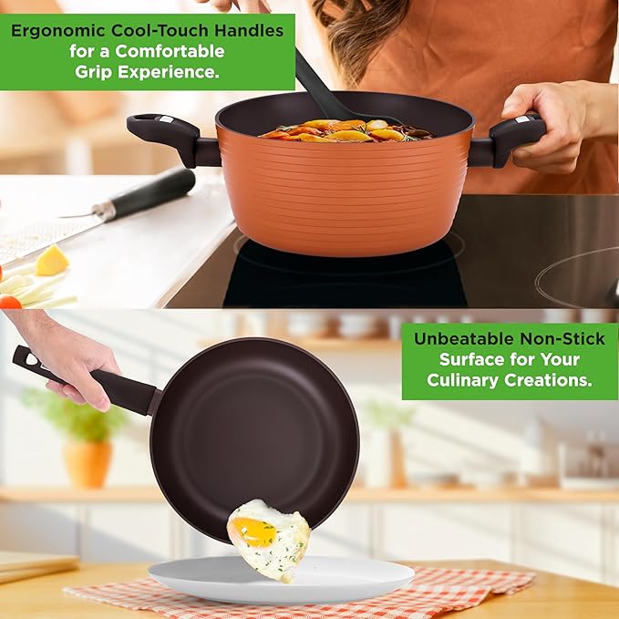 NutriChef Professional 12-Piece Brown Nonstick Cookware - PFOA/PFOS-Free, Heat Resistant Lacquer, Elegant Design, Multi-Sized Pots and Pans