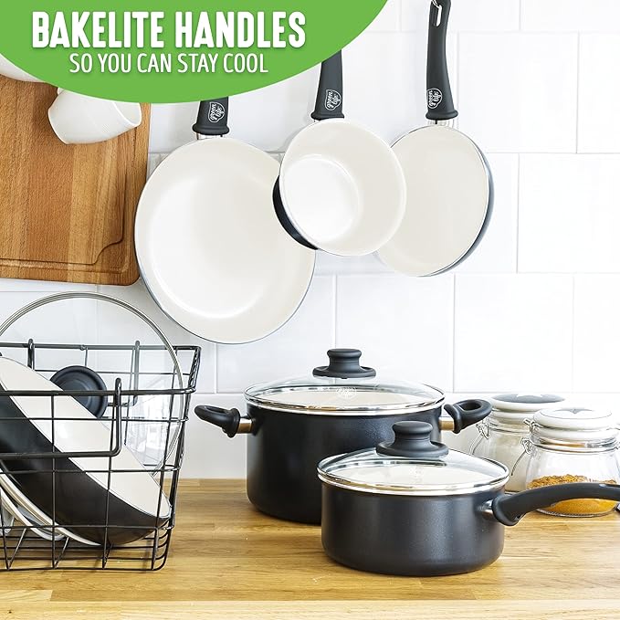 GreenLife Soft Grip 1QT and 2QT Saucepan Set, Healthy Ceramic Nonstick, Non Toxic PFAS-Free, Dishwasher Safe, Glass Lids, Stay-Cool Handles, Easy Clean Cookware, Kitchen Essentials, Black & Cream