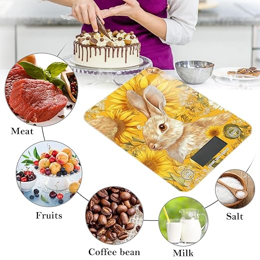 Yellow Sunflowers Bunny Food Scale Kitchen Digital Scale Food Ounces and Grams Dieting Baking Cooking Waterproof Glass Panels LCD Display,4 Units Tare Function