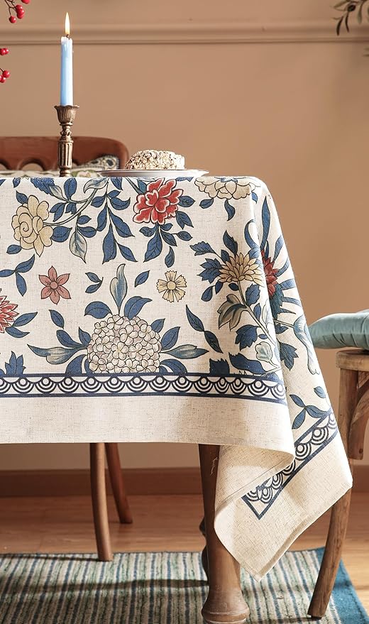 patdrea Designer Blue Tablecloth for Rectangle Tables,Vintage Linen with Leaves and Flowers Pattern Tablecloths,Farmhouse Floral Table Cover Cloth Decor for Kitchen Dining Christmas,63"*87"